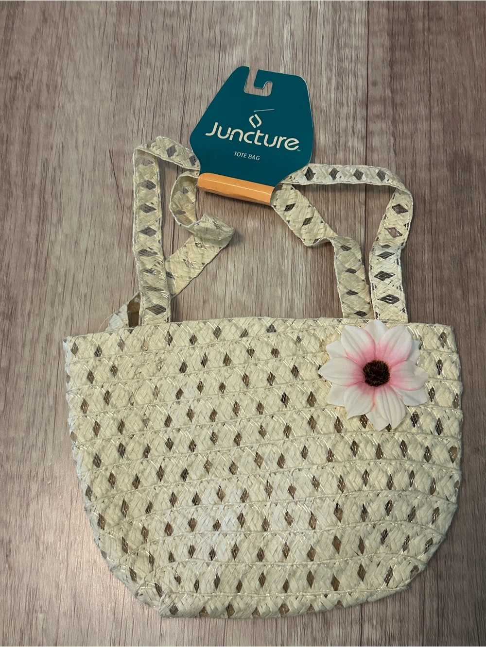 Cream Woven Tote Bag with Pink Flower size small